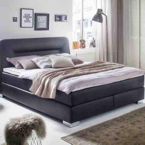 Pat tapitat cu piele ecologica Cocktail Boxspring Negru cu picioare patrate