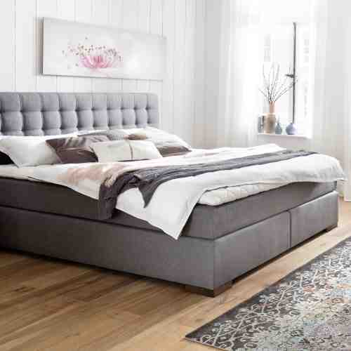 Pat tapitat cu stofa Lenno Boxspring Gri/Picioare lemn