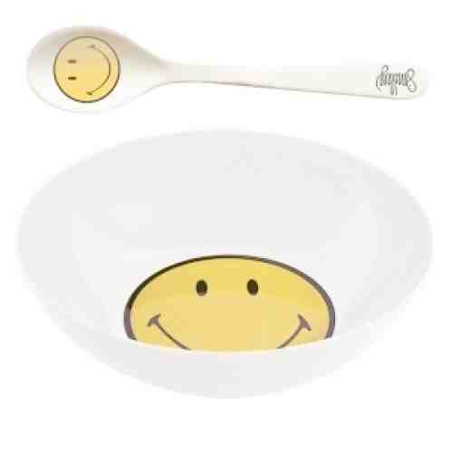 Set 2 piese, Farfurioara si Lingurita pentru micul dejun Smiley Alb, Ø17 cm