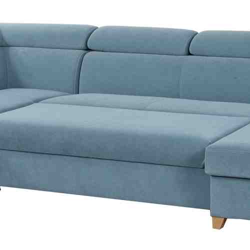 Coltar tapitat extensibil Loft Blue Grey cu sezlong pe partea dreapta