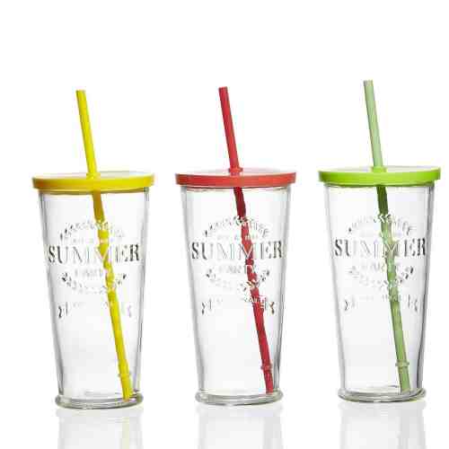 Set pahare cu pai si capac Cool Summer, 720 ml, 3 piese