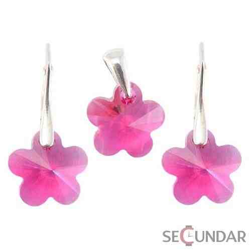 Set Argint 925 cu SWAROVSKI ELEMENTS Flower 14mm Fuchsia