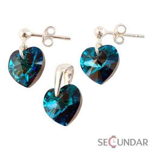 Set Argint 925 cu SWAROVSKI ELEMENTS Heart 10 mm surub Bermuda Blue