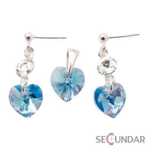 Set Argint 925 cu SWAROVSKI ELEMENTS Stud Clear Heart 10 mm Aquamarine AB