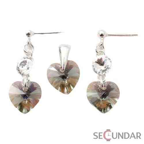 Set Argint 925 cu SWAROVSKI ELEMENTS Stud Clear Heart 10 mm Black Diamond AB