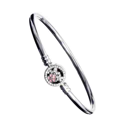 Bratara charm fixa din Argint 925, inchizatoare flori email roz si albe, lungime 18 cm