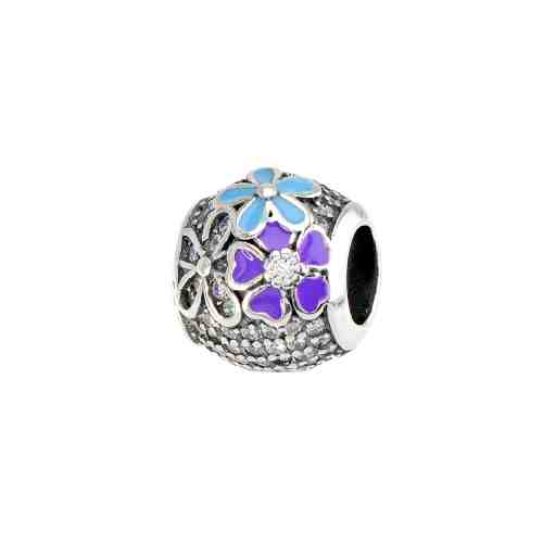 Talisman rotund din Argint 925 cu floricele colorate si zirconiu alb