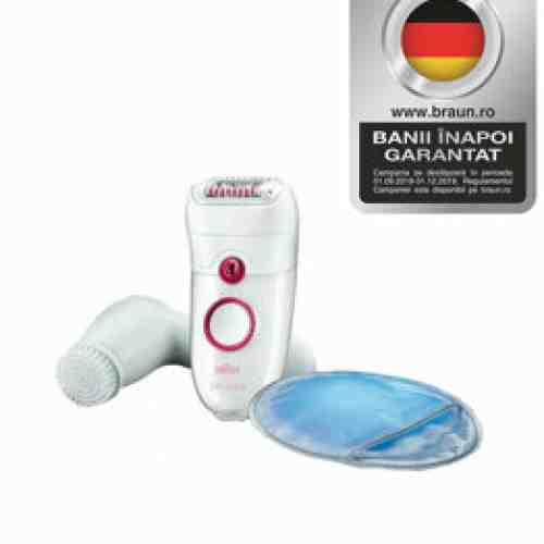 Epilator Braun Silk-epil 5 5329, 40 Pensete, 2 Viteze, Lavabil, Alb/Roz + Perie pentru curatarea tenului