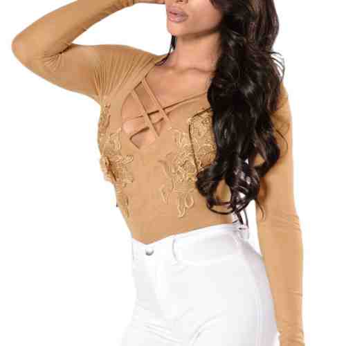 J519-813 Body sexy cu maneci lungi, din plasa cu aplicatii brodate
