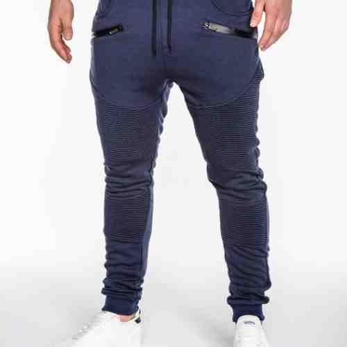 Pantaloni pentru barbati de trening bleumarin buzunare laterale fermoare decorative banda jos cu siret bumbac p427