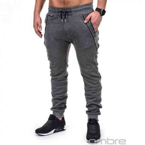 Pantaloni pentru barbati de trening gri inchis fermoare decorative banda jos cu siret bumbac p421