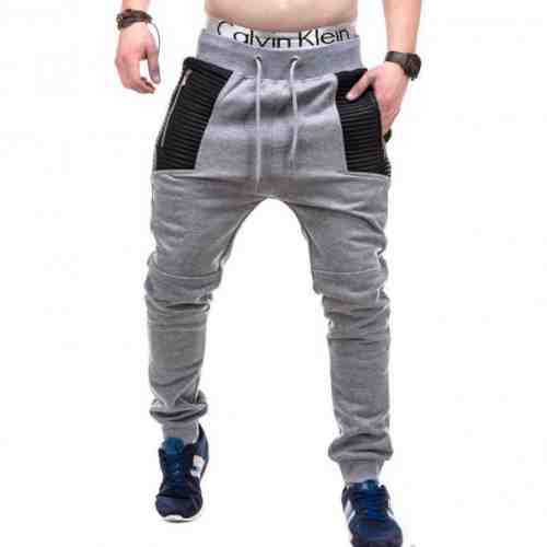 Pantaloni pentru barbati de trening gri insertii de piele ecologica la buzunare cu banda jos siret bumbac P231