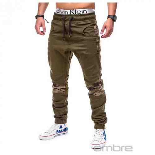 Pantaloni pentru barbati verde cu insertii de camuflaj stli militar army banda jos casual P387