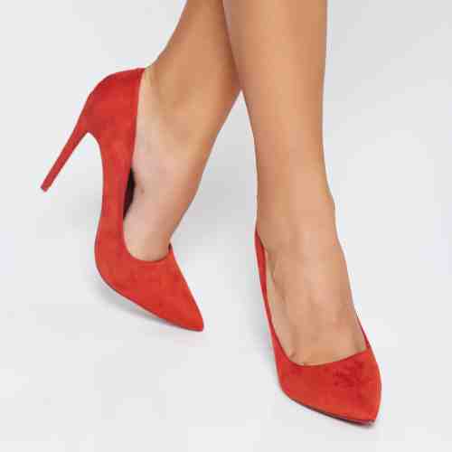 Pantofi portocaliu elegant din material catifelat cu toc inalt cu varful usor ascutit