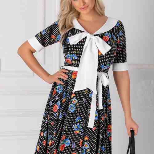 Rochie Adriana neagra cu guler tip esarfa si imprimeu floral