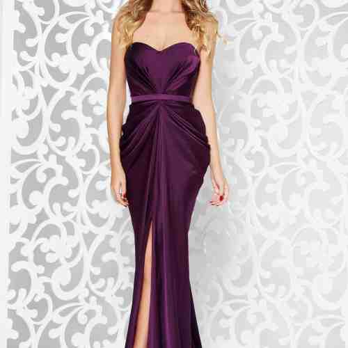 Rochie Ana Radu mov de lux din material satinat cu umeri goi cu push-up accesorizata cu cordon