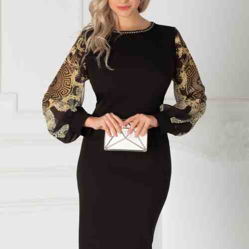 Rochie Ayana neagra cu maneci din voal cu print si margelute la guler