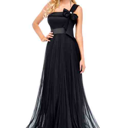 Rochie de ocazie Ana Radu neagra din voal cu accesoriu in forma de fundita