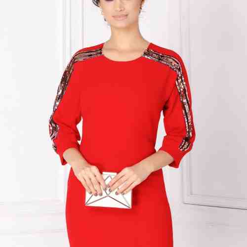 Rochie Moze rosie cu paiete si maneca raglan