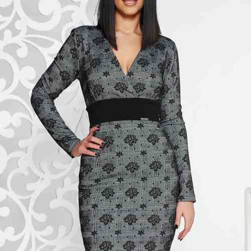 Rochie PrettyGirl gri midi tip creion din material elastic si moale captusita pe interior cu decolteu in v