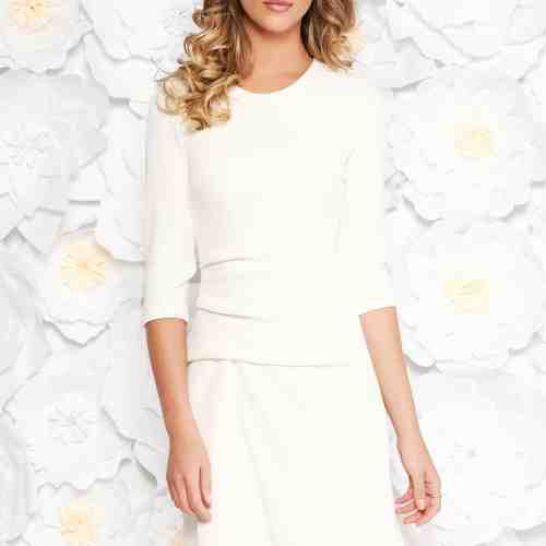 Rochie StarShinerS alba de zi midi din material usor elastic captusita pe interior cu maneca 3/4