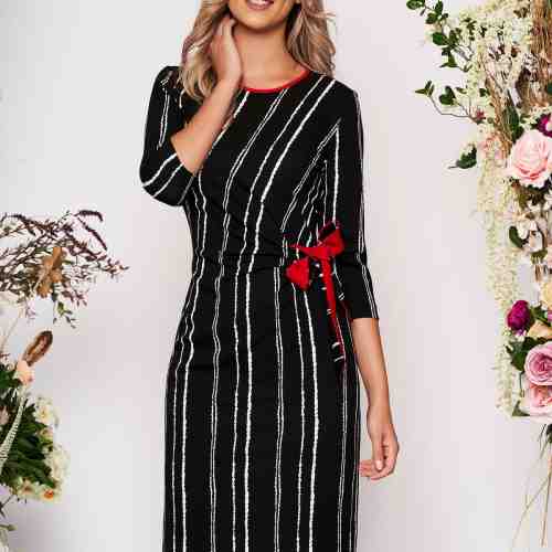 Rochie StarShinerS neagra de zi midi tip creion din material elastic cu maneci trei-sferturi