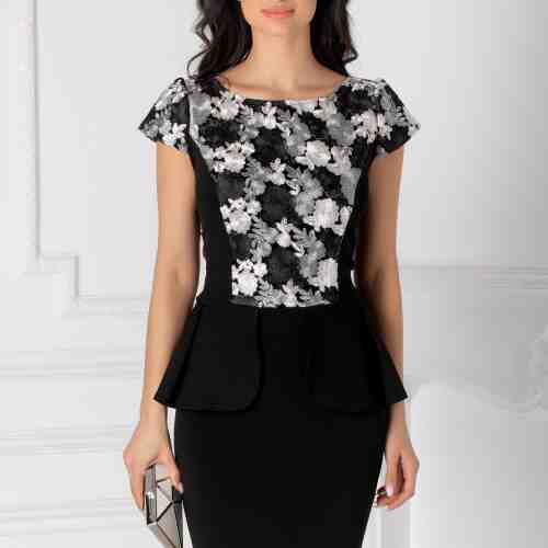 Rochie Teodora neagra cu broderie florala la bust si la maneci
