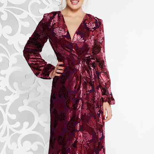 Rochie visinie eleganta petrecuta din material catifelat captusita pe interior cu decolteu in v