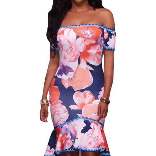 S526-43 Rochie midi cu imprimeu, umerii goi si volanas in partea inferioara