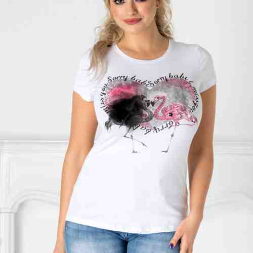Tricou alb cu flamingo si floare 3D aplicata