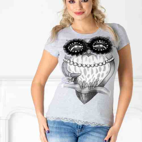 Tricou gri cu bufnita si perlute