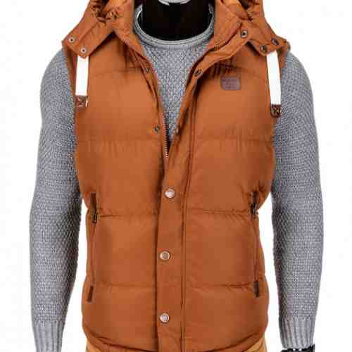 Vesta pentru barbati camel casual slim fit cu fermoar si gluga detasabila V25