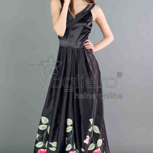 ROCHIE ARTISTA NEAGRA DE OCAZIE DIN MATERIAL SATINAT CU IMPRIMEURI FLORALE