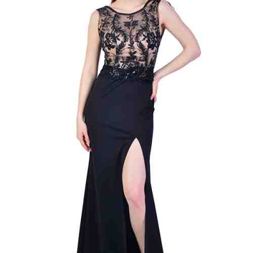 Rochie lunga neagra cu crapatura 8552 NG