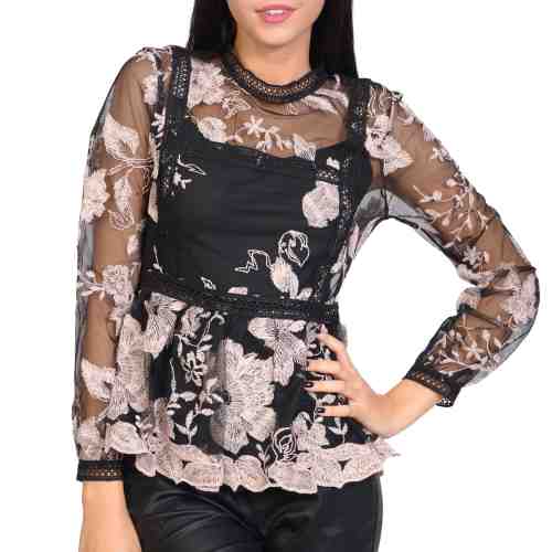 Bluza neagra cu roz din dantela H542R