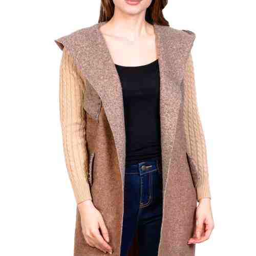 Pulover cardigan lung camel cu capse 1014 C
