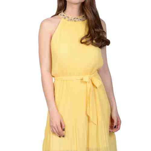 Rochie de seara galbena cu voal plisat 9299 G