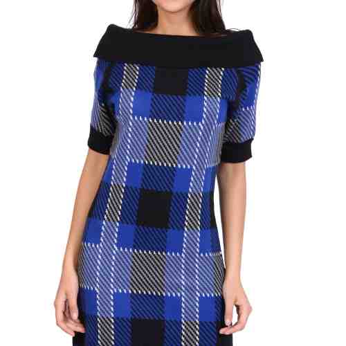 Rochie tricotata albastra cu carouri 90672 AR