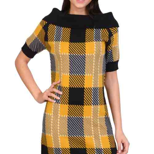 Rochie tricotata galbena cu carouri 90672 G