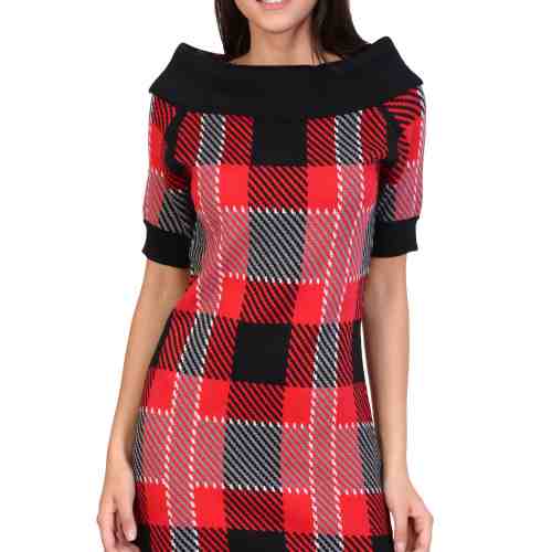 Rochie tricotata rosie cu imprimeu tartan 90672 R