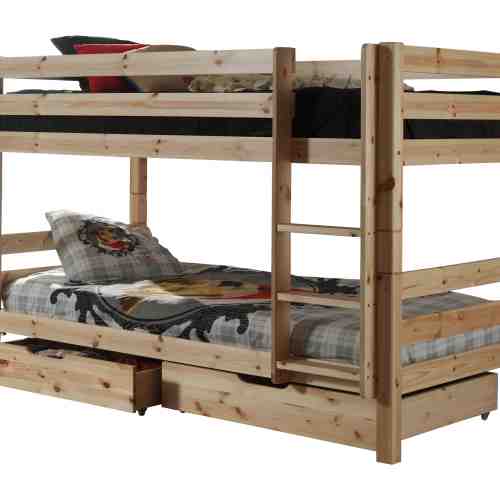 Pat etajat din lemn de pin cu 2 sertare, pentru copii Pino Small Natural, 200 x 90 cm