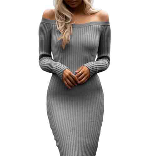 B514-18 Rochie midi cu aspect raiat, umerii goi si maneci lungi