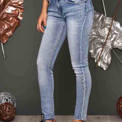 Blugi albastri skinny cu talie medie din bumbac usor elastic