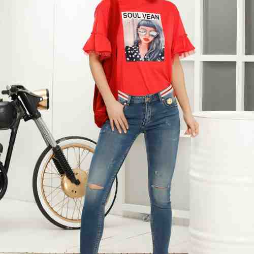 Blugi albastri skinny cu talie medie din bumbac usor elastic