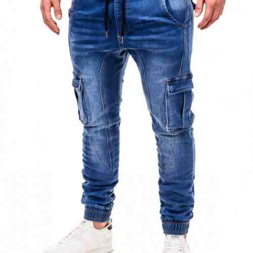 Blugi pentru barbati albastri cu siret elastici slim fit banda jos buzunare laterale P410