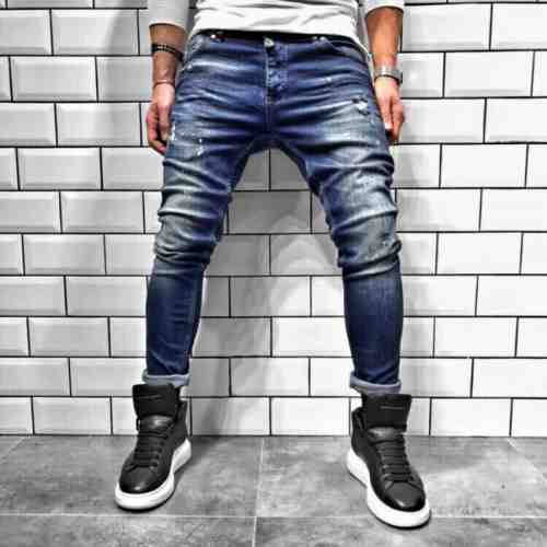 Blugi pentru barbati albastri slim fit conici casual skinny zgarieturi decorative BR 04