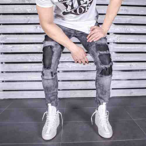 Blugi pentru barbati gri slim fit conici casual skinny rupturi decorative 0064