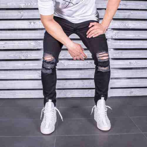 Blugi pentru barbati negri slim fit conici casual skinny rupturi genunchi 0057