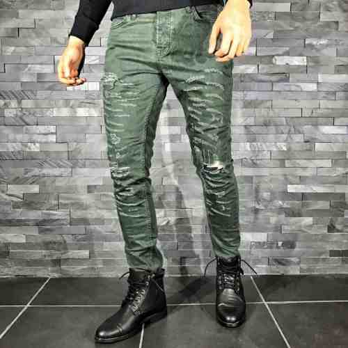 Blugi pentru barbati verzi slim fit conici casual skinny rupturi decorative discrete 0040