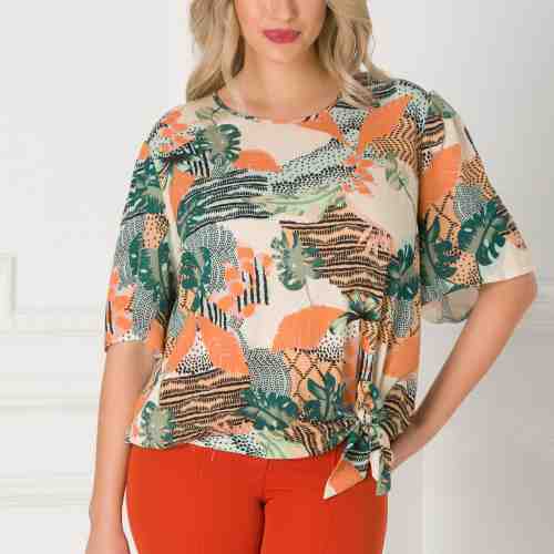 Bluza Dorina cu imprimeu exotic si funda la baza